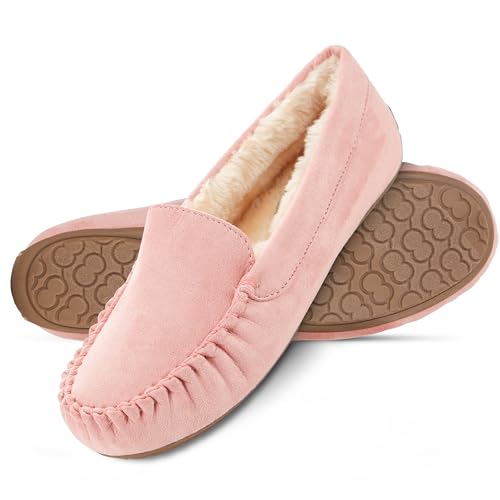 Floopi Women Slippers Moccasins, Soft Faux Fur Lining with Cozy Memory Foam, Ladies House Slippers for Women with Indoor & Outdoor Anti-Skid Sole(8, Pink-323) - Image 1