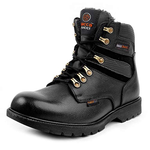 Bacca Bucci® Mens 6 inches Premium Steel Toe Cap Real Grain Leather Outdoor Laceup Boots with Fur/Warranted Qualtiy & Durable Boot- Black, Size UK8 - Image 1