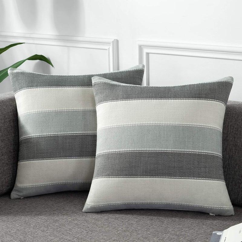 AmHoo Pack of 2 Farmhouse Stripe Check Throw Pillow Covers Set Case Cotton Linen Decorative Pillowcases Cushion Cover for Couch Bench Sofa 20x20Inch Dark Grey Beige