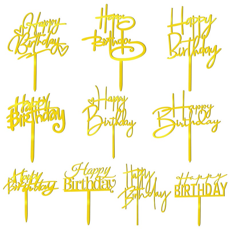 RASSLISA 10 PCS Gold Happy Birthday Cake Topper Acrylic Cupcake Topper Birthday Supplies Decorations - Image 1
