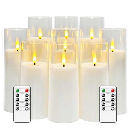 kakoya Flickering Flameless Candles Battery Operated with Remote and 2/4/6/8 H Timer Acrylic Led Pillar Candles Pack of 9 (appr D2.3"xH5.5"6.5"7.5")with Realistic 3D Wick Candles for Home Decor(White) - Image 1