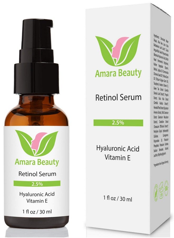 Amara Beauty Retinol Serum 2.5% with Hyaluronic Acid & Vitamin E, 1 fl. oz.  - Image 1