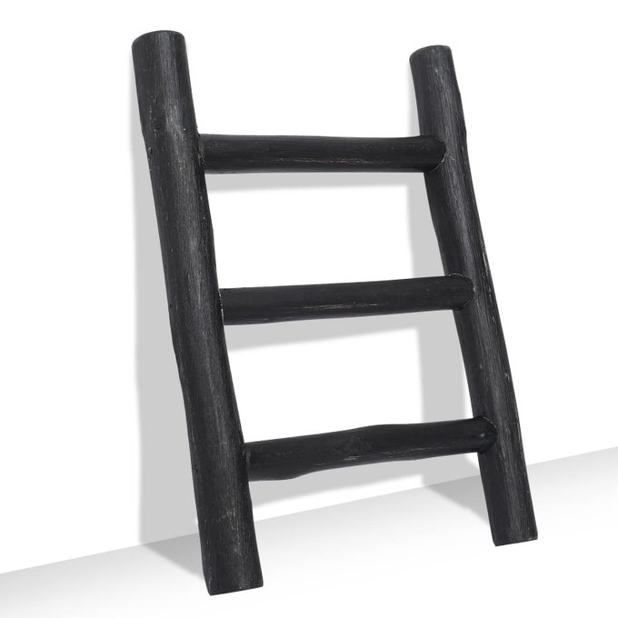 FULLY ASSEMBLED WOODEN TEA TOWEL LADDER MINI LADDER TOWEL RACK DISPLAY HANGER SMALL RUSTIC FARMHOUSE TEA TOWEL STAND HOLDER FOR COUNTRY BATHROOM DECOR BLACK
