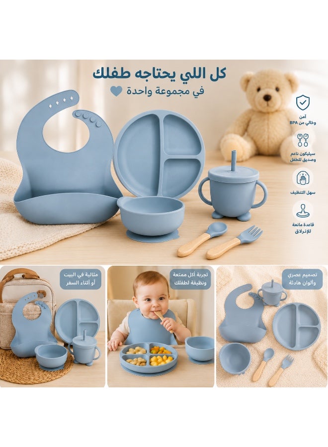 Baby Feeding Set 8 Pieces BPA Free Silicone – Suction Plate & Bowl, Adjustable Bib, Training Cup, Spoon and Fork, Toddler Self Feeding Essentials - Image 2