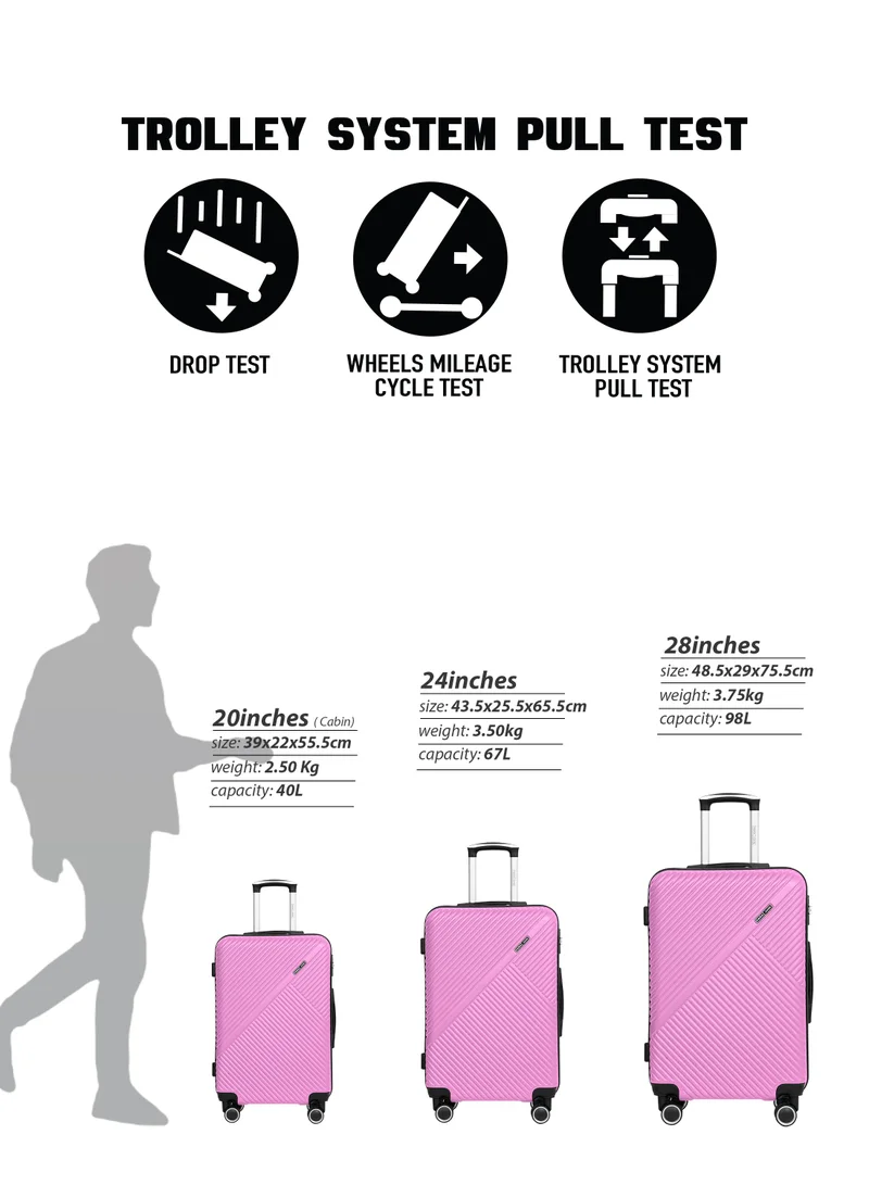 Parajohn Pink ABS Material 3-Piece Hardsided Luggage Set | 4-Wheel Spinner Trolley | Small (10kg), Medium (20kg), Large (30kg)pink  | Best Price UAE