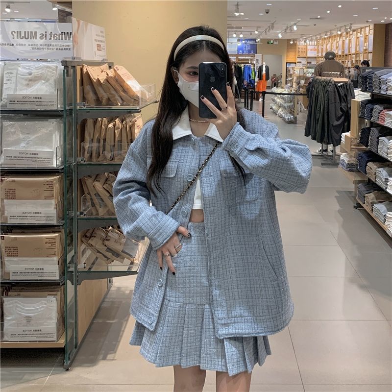 Light blue Chanel style fashion suit womens early autumn Korean style loose coat Japanese sweet short skirt two-piece set Blue skirt