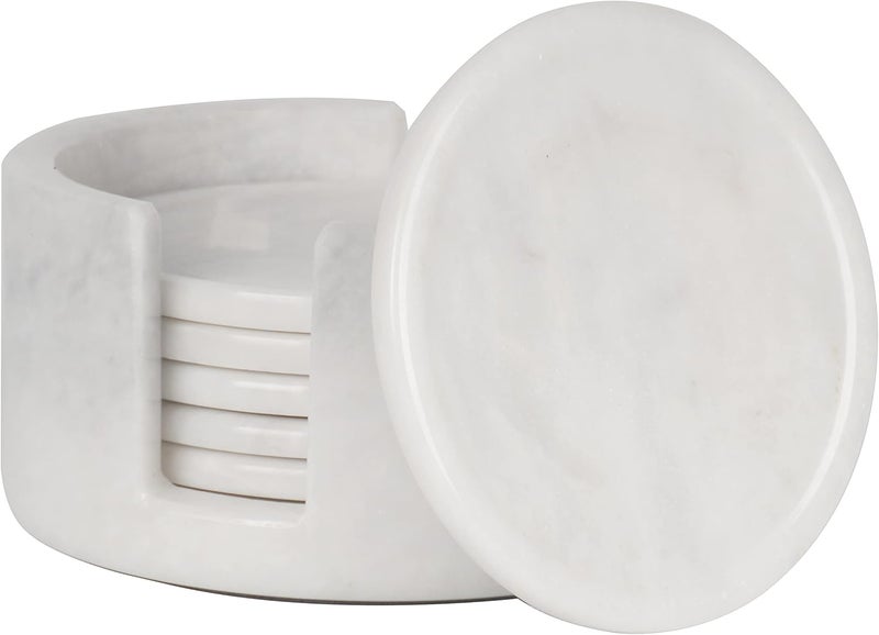 RADICALn Marble Coasters Set of 6 White 3.5 Inch Round Coaster for Drinks with Holder, Drink Coaster for Tabletop & Coffee Table Decor, Ideal Home Decor House Warming Gifts - Image 1
