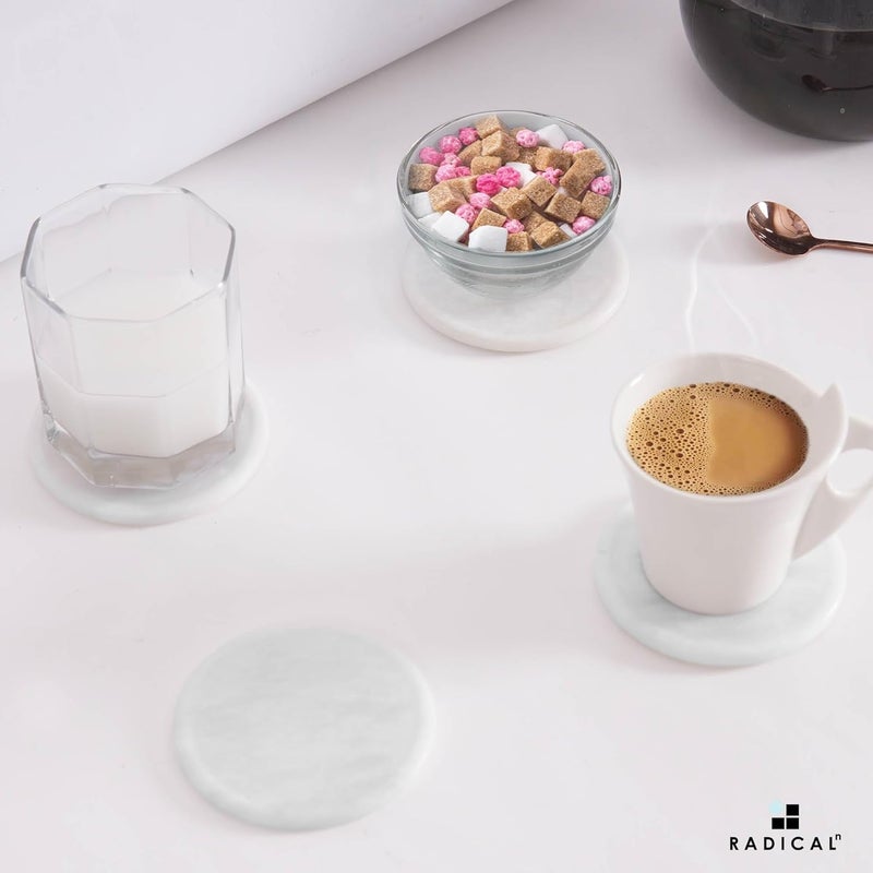 RADICALn Marble Coasters Set of 6 White 3.5 Inch Round Coaster for Drinks with Holder, Drink Coaster for Tabletop & Coffee Table Decor, Ideal Home Decor House Warming Gifts - Image 3