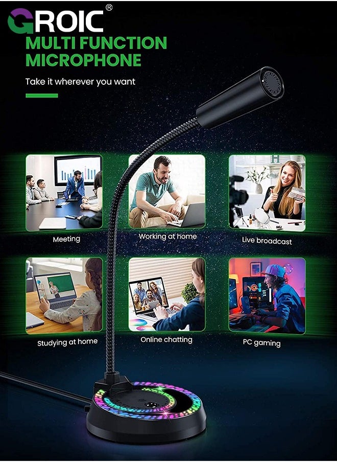 GROIC - USB Recording Microphone with RGB LED Light Stand for Laptop YouTube Live Broadcast Karaoke Gamers Computer Microphone - Image 1