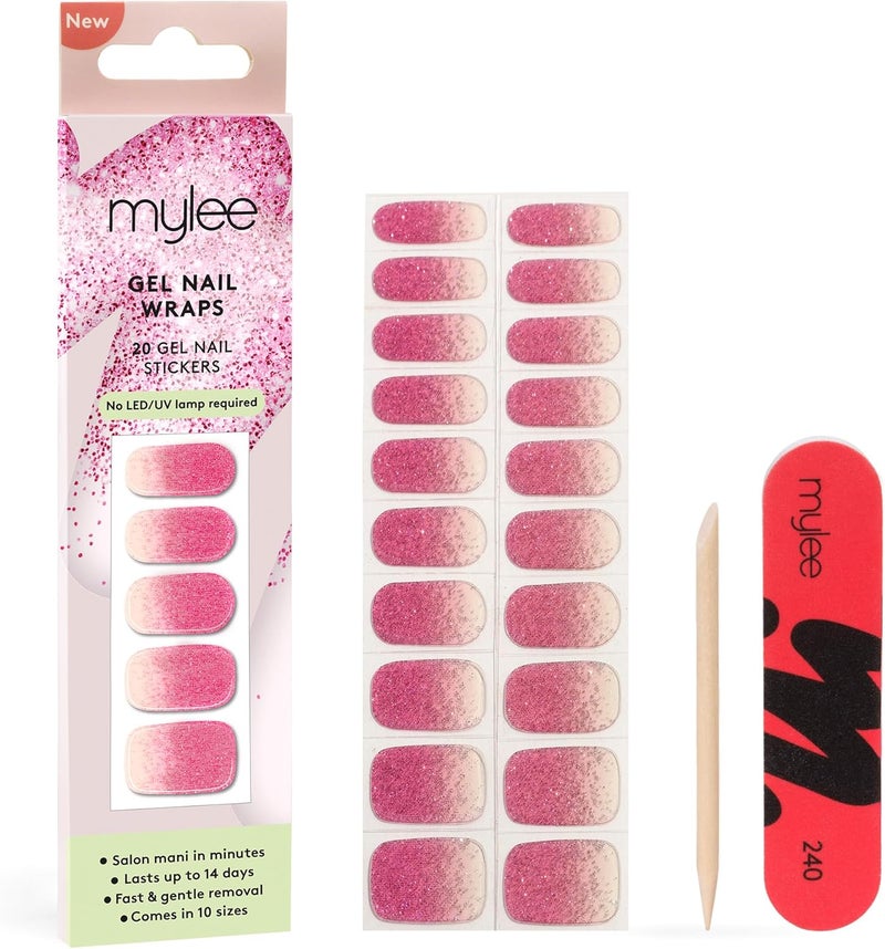 Mylee Gel Nail Wraps Pink Stardust 10 PreCured Gel Stickers for Instant Mani No Lamp Needed ChipResistant Glossy Finish Lasts Up to 14 Days Easy to Apply Vegan CrueltyFree