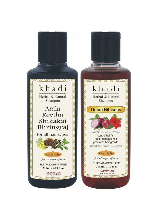 Satvayush Khadi Khadi Amla Reetha Shikakai Bhringraj Shampoo & Red Onion Hibiscus Shampoo (Pack Of 2) 210 Ml Each - Image 1