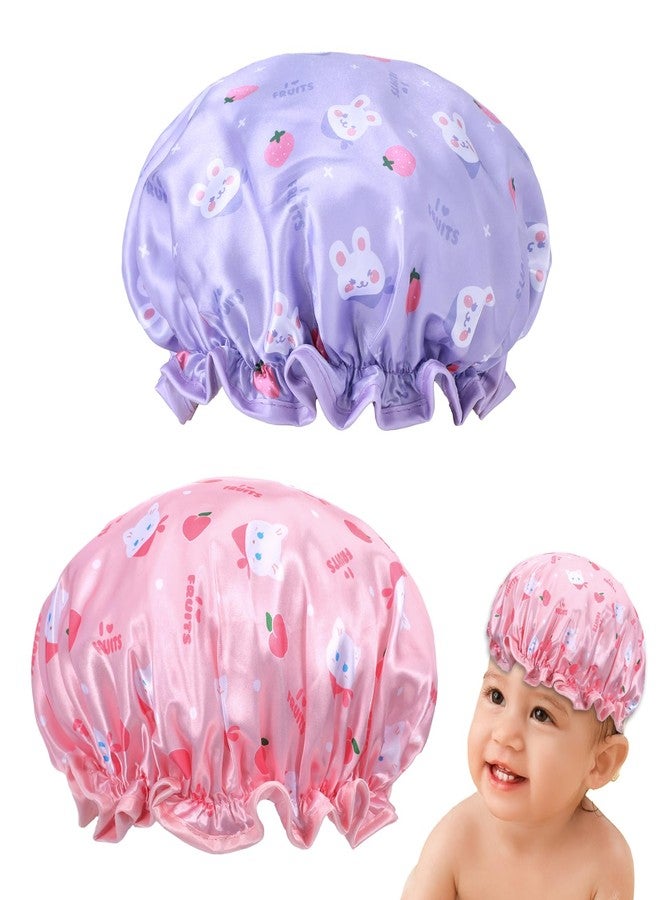 Jeffdad قبعات استحمام للأطفال من جيفداد، قطعتان، لون وردي وبنفسجي، مقاومة للماء، طبقتان، قبعات استحمام لطيفة، قبعة بشريط مطاطي، قبعة نوم ناعمة للأطفال من الساتان والإيفا، قبعة استحمام قابلة لإعادة الاستخدام - Image 1