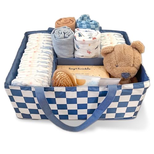 Tiny Twinkle Diaper Caddy Organizer Foldable Baby Storage Basket with Removable Divider Waterproof MessProof Fabric Portable Nursery Organizer for Newborn Essentials Blue Checkers - Image 1