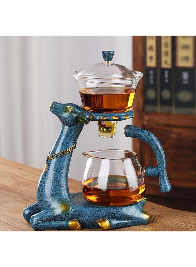 CUNHUY Lazy Kungfu Drip TeaPot, Heat Resistant Tea Set, Semi-Automatic Glass Teapot Suit for Magnetic Water Flow Wooden Glass Teapot Set (BlueDeer handle) - Image 1