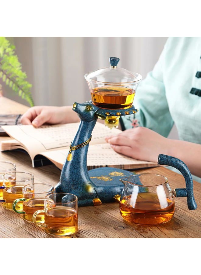 CUNHUY Lazy Kungfu Drip TeaPot, Heat Resistant Tea Set, Semi-Automatic Glass Teapot Suit for Magnetic Water Flow Wooden Glass Teapot Set (BlueDeer handle) - Image 2