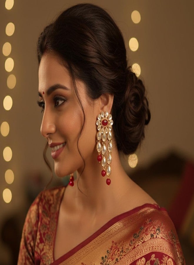 Touchstone Indian Bollywood Traditional Handcrafted Royal Mughal Kundan Polki Look Floral Faux Ruby Designer Crystal Jewelry Colorful Long Earrings Jhumki In Gold Tone For Women. - Image 2