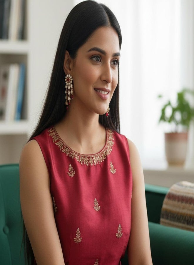Touchstone Indian Bollywood Traditional Handcrafted Royal Mughal Kundan Polki Look Floral Faux Ruby Designer Crystal Jewelry Colorful Long Earrings Jhumki In Gold Tone For Women. - Image 3