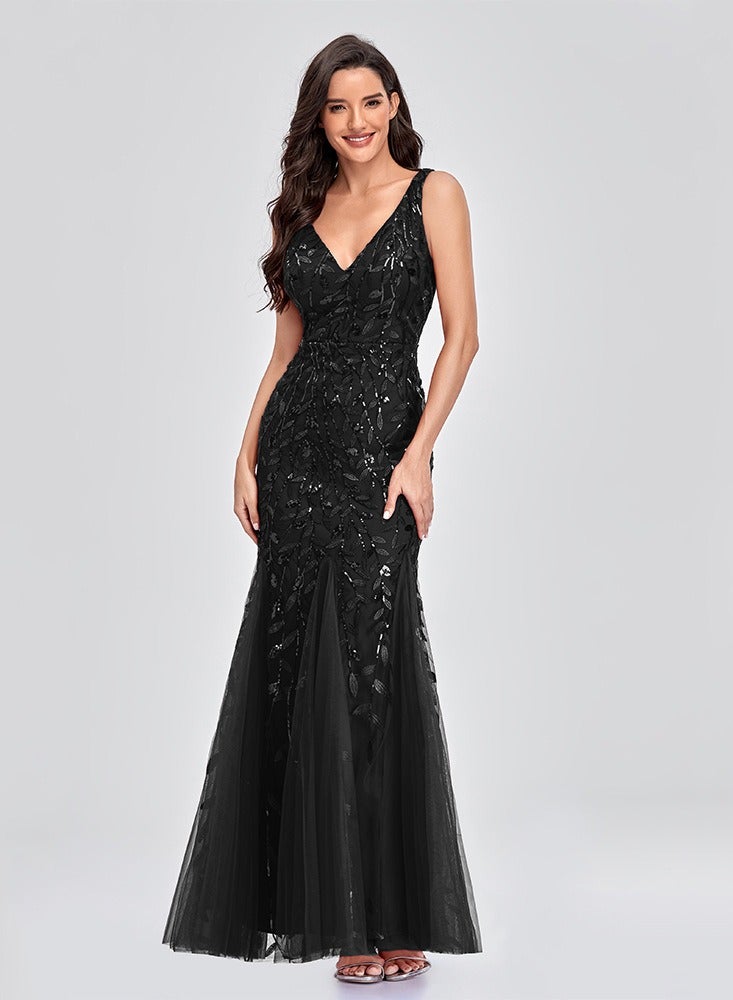 Black Sequin Mermaid Evening Dress - V-Neck, Sleeveless, Tulle Hem