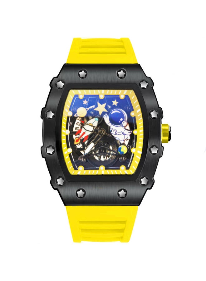Men's Yellow Strap Black Case Casual Waterproof Quartz Watch, Hollow Dial with Astronaut Pattern