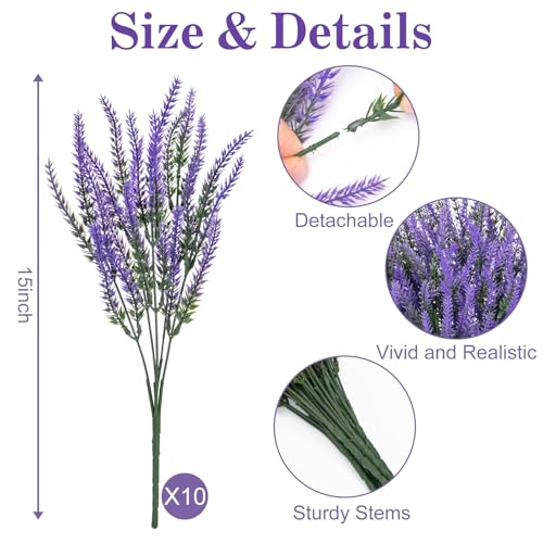 Besteek 10 Bundles Fake Flowers Artificial Lavender Faux Plastic Plants Purple Flowers for Home Wedding Kitchen Garden Patio Porch Window Box Office Table Centerpieces Decor Deep Purple - Image 3