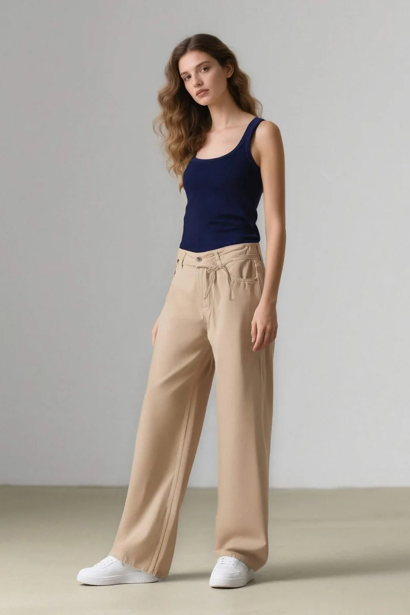 ديفاكتو Wide Leg High Waist Gabardine Trousers