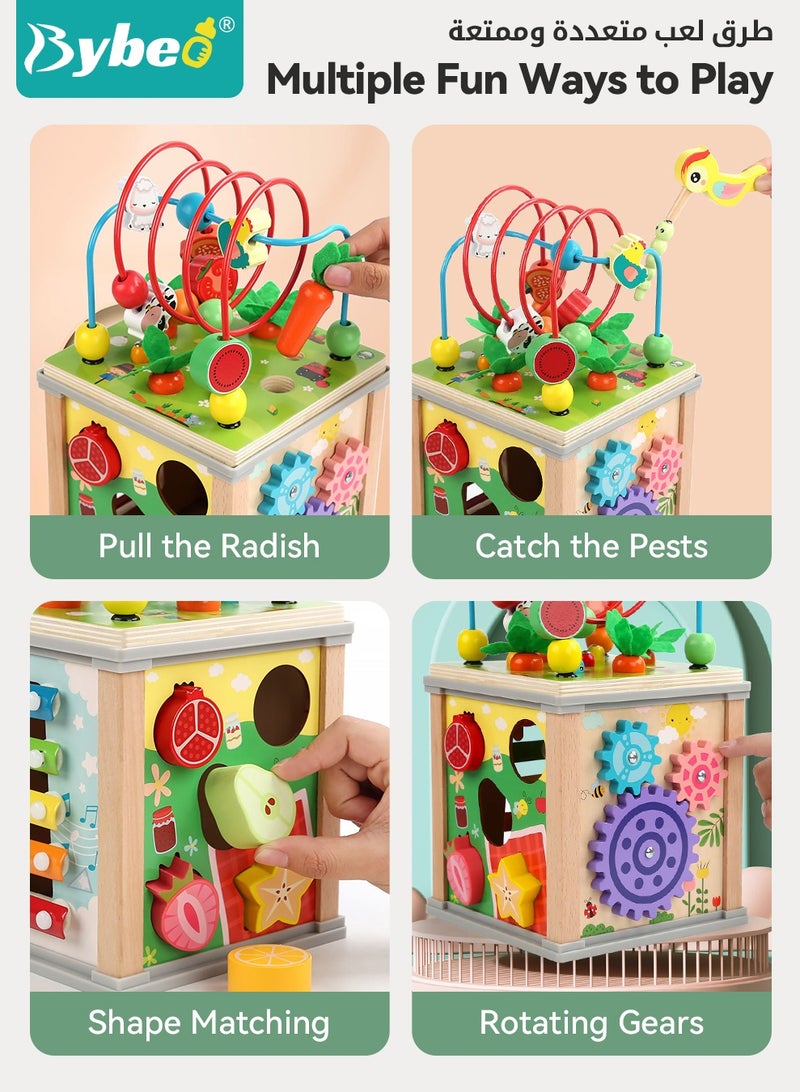 Bybeo 7 in 1 Wooden Activity Cube, Educational Montessori Toys, Early Development Toys for Fine Motor Skills, Busy Cube Toys with Bead Maze Shape Sorter, for Toddlers 12 Months+ - Image 4