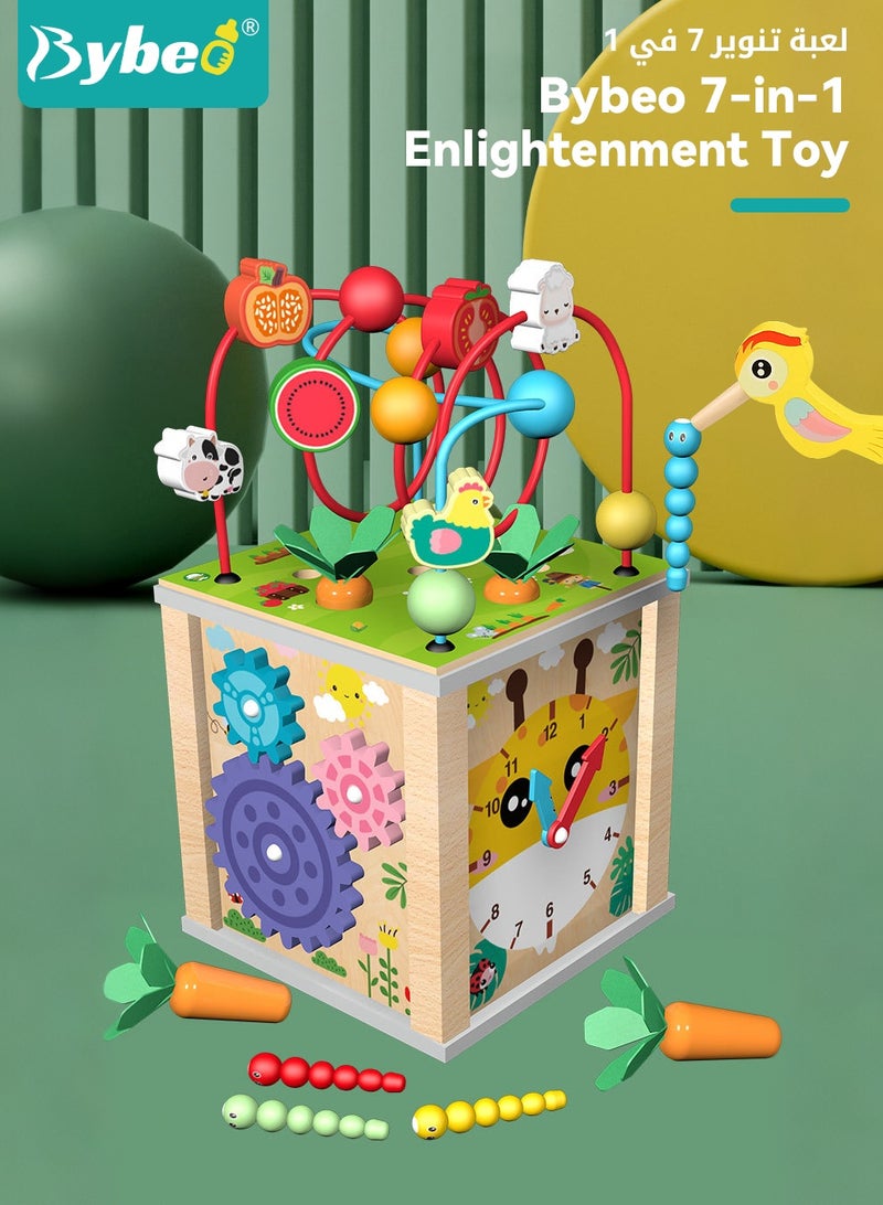 Bybeo 7 in 1 Wooden Activity Cube, Educational Montessori Toys, Early Development Toys for Fine Motor Skills, Busy Cube Toys with Bead Maze Shape Sorter, for Toddlers 12 Months+ - Image 2