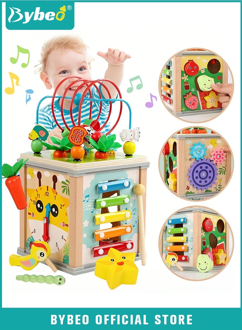 Bybeo 7 in 1 Wooden Activity Cube, Educational Montessori Toys, Early Development Toys for Fine Motor Skills, Busy Cube Toys with Bead Maze Shape Sorter, for Toddlers 12 Months+ - Image 1
