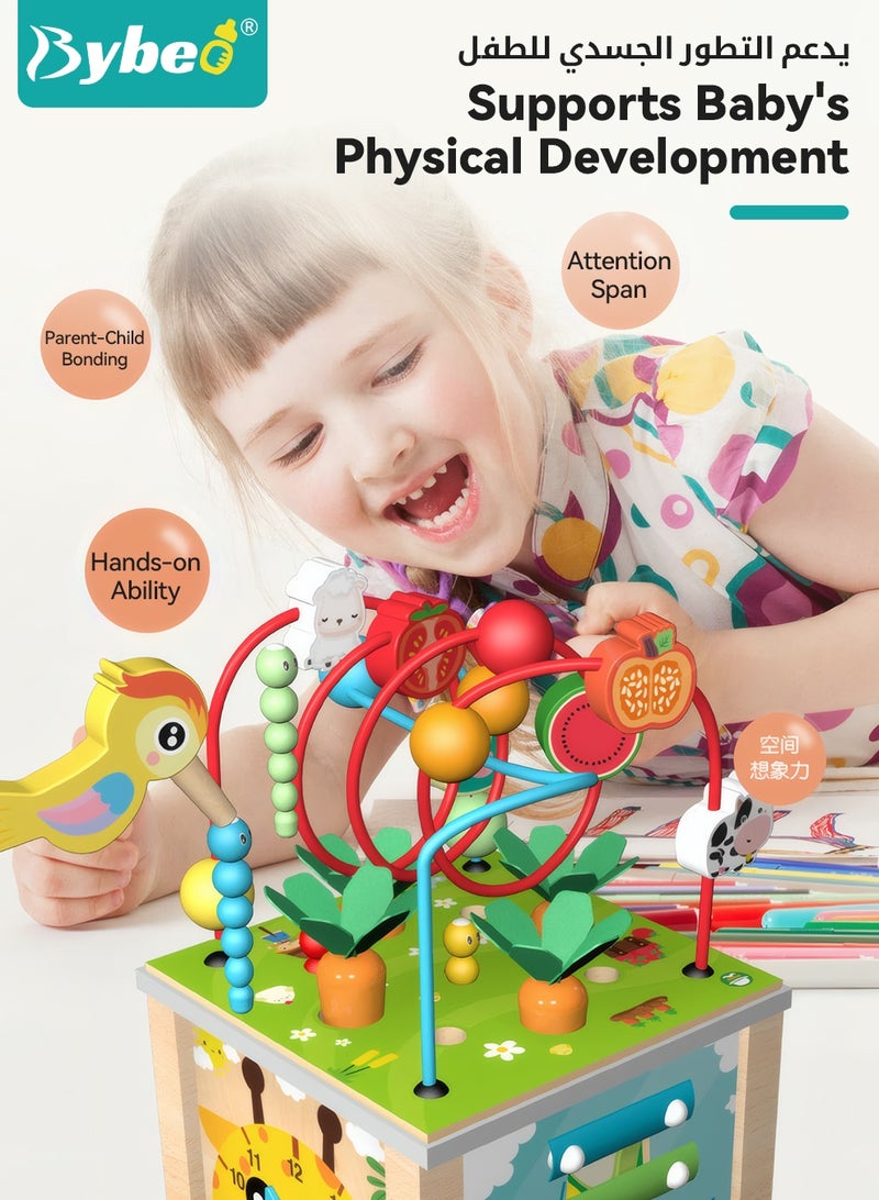 Bybeo 7 in 1 Wooden Activity Cube, Educational Montessori Toys, Early Development Toys for Fine Motor Skills, Busy Cube Toys with Bead Maze Shape Sorter, for Toddlers 12 Months+ - Image 5