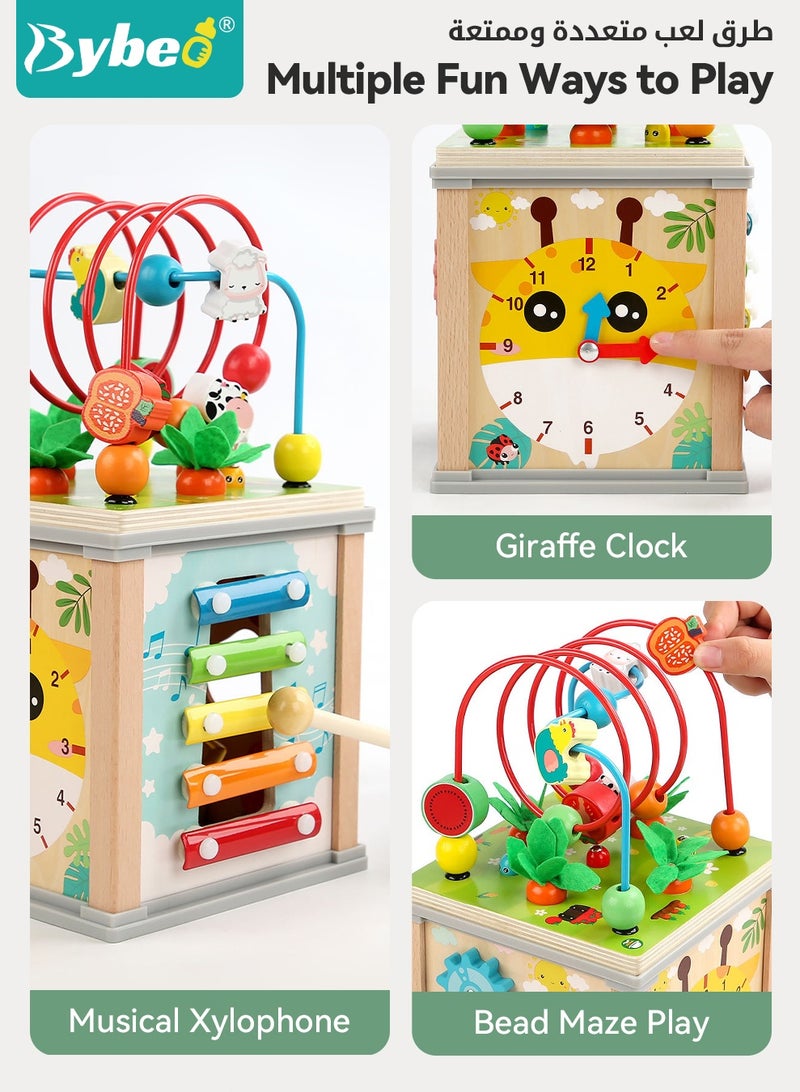 Bybeo 7 in 1 Wooden Activity Cube, Educational Montessori Toys, Early Development Toys for Fine Motor Skills, Busy Cube Toys with Bead Maze Shape Sorter, for Toddlers 12 Months+ - Image 3