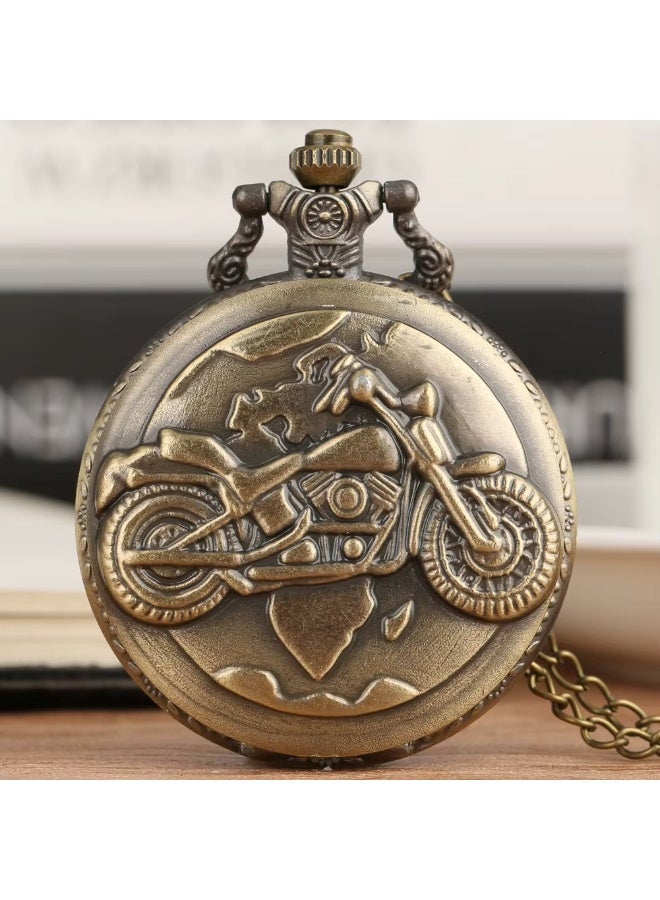 Vintage Pocket Watch Necklace for Men – Motorcycle Design Quartz Pendant Watch with Chain – Retro Antique Bronze & Silver Classic Gift for Bikers & Collectors (Antique Bronze) - Image 1