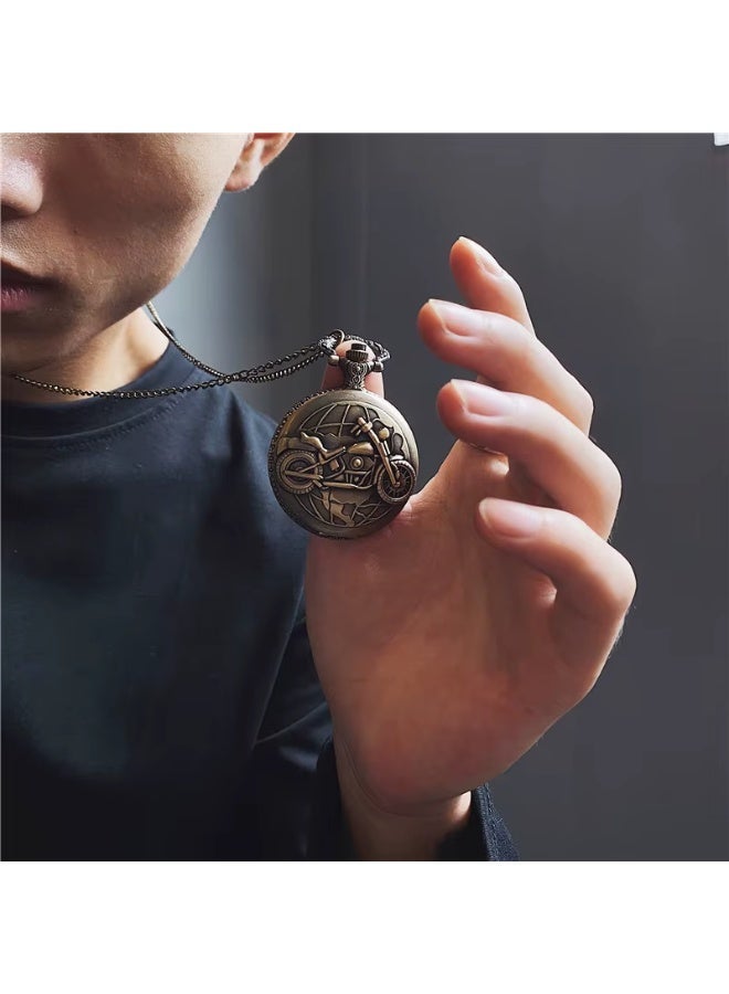 Vintage Pocket Watch Necklace for Men – Motorcycle Design Quartz Pendant Watch with Chain – Retro Antique Bronze & Silver Classic Gift for Bikers & Collectors (Antique Bronze) - Image 5
