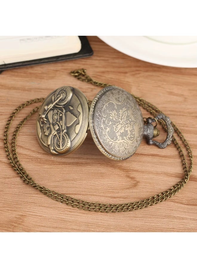 Vintage Pocket Watch Necklace for Men – Motorcycle Design Quartz Pendant Watch with Chain – Retro Antique Bronze & Silver Classic Gift for Bikers & Collectors (Antique Bronze) - Image 3