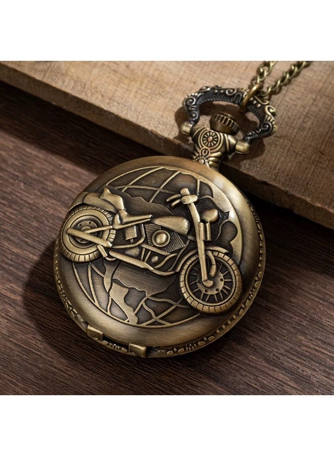 Vintage Pocket Watch Necklace for Men – Motorcycle Design Quartz Pendant Watch with Chain – Retro Antique Bronze & Silver Classic Gift for Bikers & Collectors (Antique Bronze) - Image 4