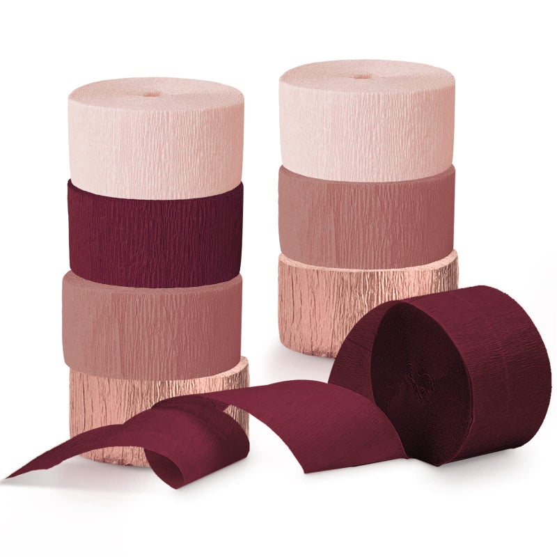 NICROLANDEE 8 Rolls Burgundy Rose Gold Crepe Paper Streamer Rolls for Birthday Wedding Engagement Bridal Shower Bachelorette Anniversary Valentines Day Decorations