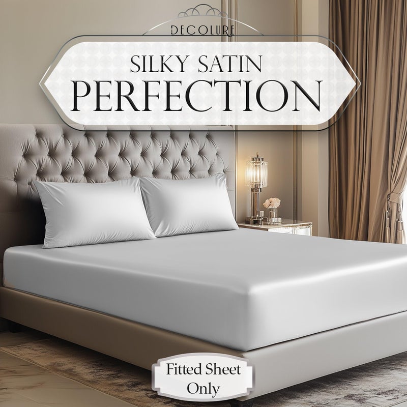 DECOLURE Satin Fitted Sheet Queen Size (1 PC) â€“ Luxuriously Smooth & Softer Than Silk Bed Sheets w/ 15 Inch Deep Pocket Hypoallergenic Wrinkle Free, Secure Snug Fit, Elastic Corner Straps (White) - Image 2