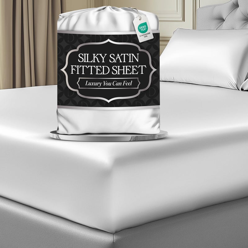 DECOLURE Satin Fitted Sheet Queen Size (1 PC) â€“ Luxuriously Smooth & Softer Than Silk Bed Sheets w/ 15 Inch Deep Pocket Hypoallergenic Wrinkle Free, Secure Snug Fit, Elastic Corner Straps (White) - Image 1