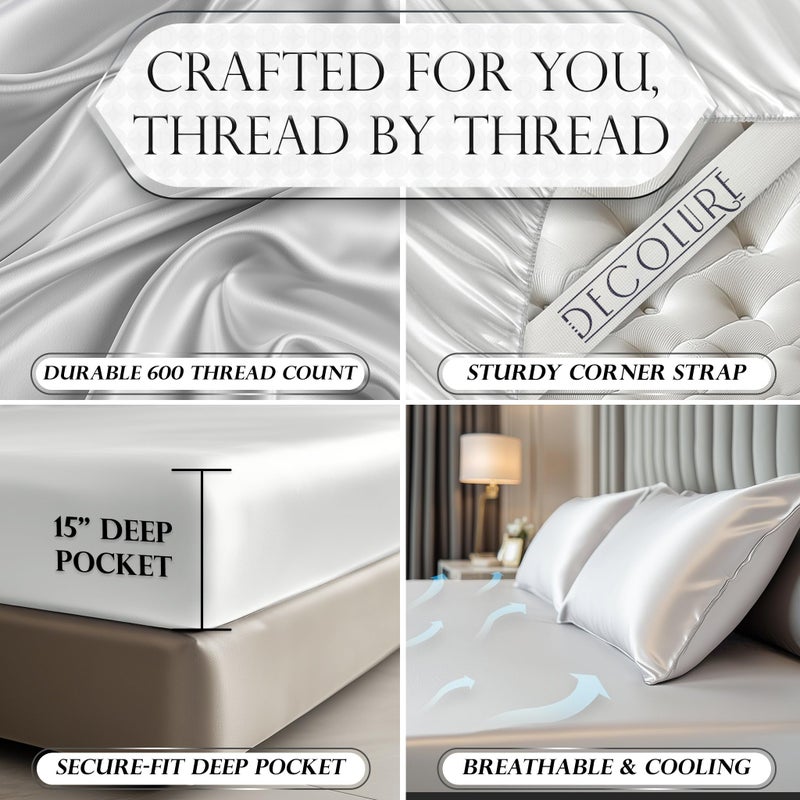 DECOLURE Satin Fitted Sheet Queen Size (1 PC) â€“ Luxuriously Smooth & Softer Than Silk Bed Sheets w/ 15 Inch Deep Pocket Hypoallergenic Wrinkle Free, Secure Snug Fit, Elastic Corner Straps (White) - Image 3