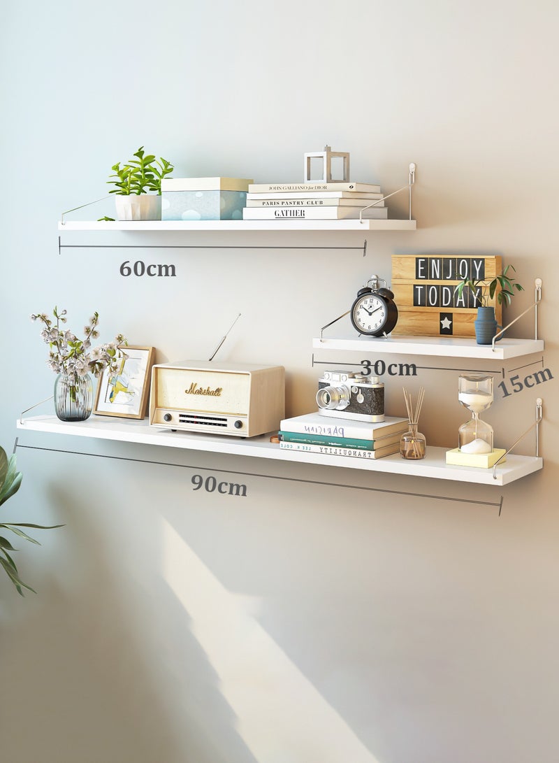 3-Piece Home Book Shelves Set, Floating Shelves for Wall Hanging, Wood Shelf, Wooden Shelves with Metal Brackets Hanging Shelf Wall Organizers for Home Black Color Free Installation Tool(Free to offer you 3 installation ways)-White - Image 2