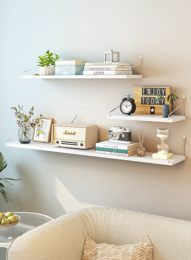 3-Piece Home Book Shelves Set, Floating Shelves for Wall Hanging, Wood Shelf, Wooden Shelves with Metal Brackets Hanging Shelf Wall Organizers for Home Black Color Free Installation Tool(Free to offer you 3 installation ways)-White - Image 1