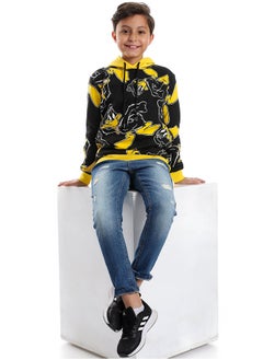 Black Printed Hoodie With Drawstrings _Black