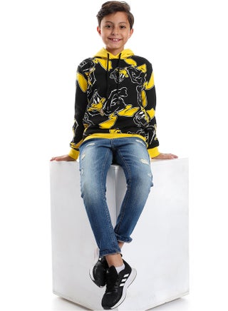 هودي مطبوع باللون الأسود مع أربطة _أسود