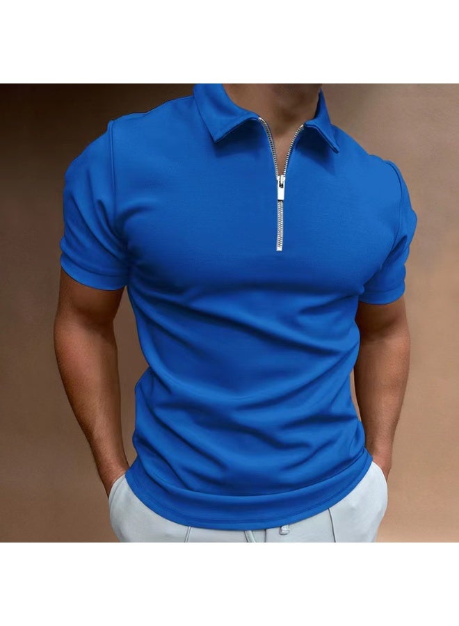 Men's Fashion Polo Shirts Summer Stripe Zipper Mens Polo Shirt Solid T-Shirt Short-Sleeved Shirt Casual Slim Tops - Image 1