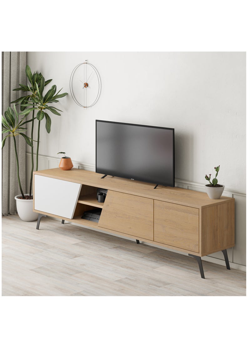 موراه خزانة تلفزيون "فيونا" من موراه هوم، حتى ٧٠ بوصة | خزانة تخزين بثلاثة أبواب وطابقين | وحدات تلفزيون لغرفة المعيشة | ١٨٠×٣٥٫٦×٤٨ سم | خشب بلوط/أبيض - Image 2
