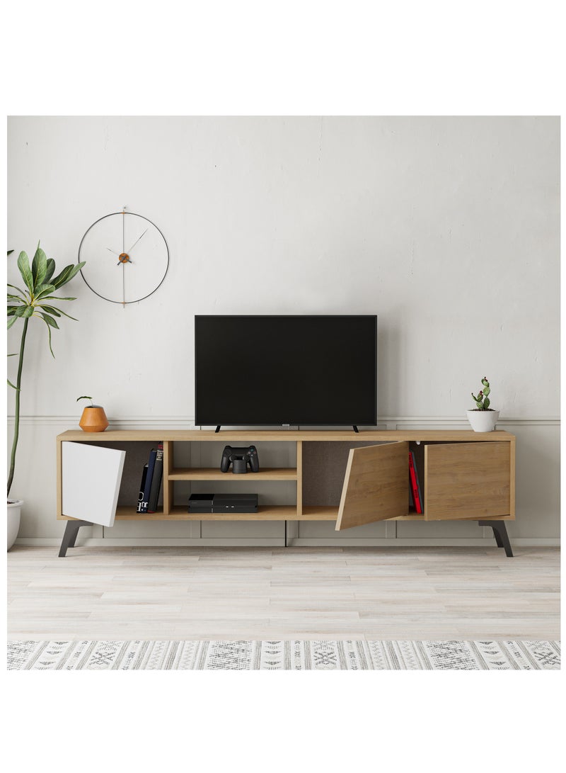 موراه خزانة تلفزيون "فيونا" من موراه هوم، حتى ٧٠ بوصة | خزانة تخزين بثلاثة أبواب وطابقين | وحدات تلفزيون لغرفة المعيشة | ١٨٠×٣٥٫٦×٤٨ سم | خشب بلوط/أبيض - Image 3