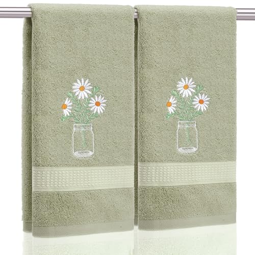 SmoothNovelty 2 Pcs Daisy Flower Hand Towels Gray Green Bathroom Decor 14x29 Inch Embroidered 100 Cotton Soft Absorbent Spring Summer Decorative Hand Towels for Bathroom Kitchen - Image 1