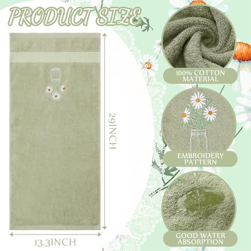 SmoothNovelty 2 Pcs Daisy Flower Hand Towels Gray Green Bathroom Decor 14x29 Inch Embroidered 100 Cotton Soft Absorbent Spring Summer Decorative Hand Towels for Bathroom Kitchen - Image 3