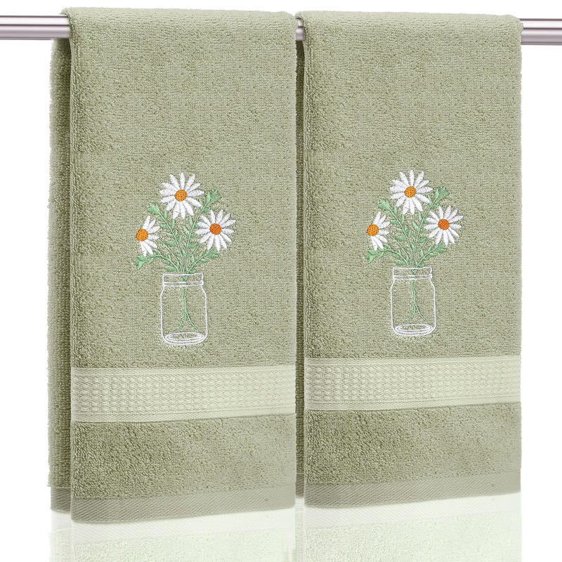 SmoothNovelty 2 Pcs Daisy Flower Hand Towels Gray Green Bathroom Decor 14x29 Inch Embroidered 100 Cotton Soft Absorbent Spring Summer Decorative Hand Towels for Bathroom Kitchen - Image 2