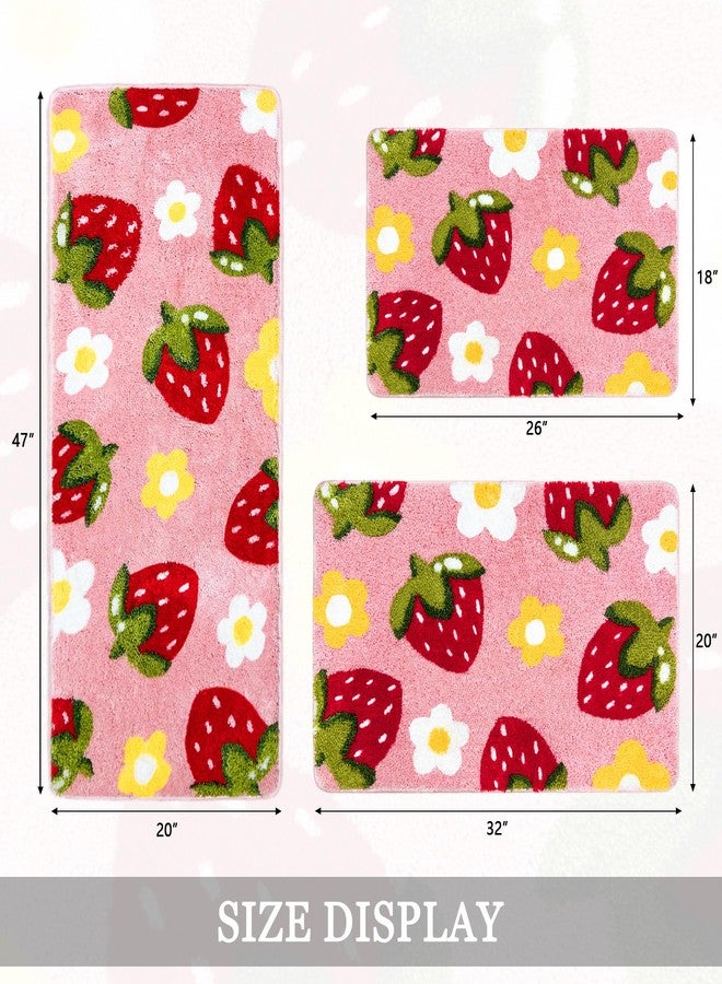 Homantic Bathroom Runner Rug, Cute Bedroom Decor, Pink Strawberry Bath Mat, Flower Long Absorbent Microfiber Runner for Bathtub 20"x47" - Image 2