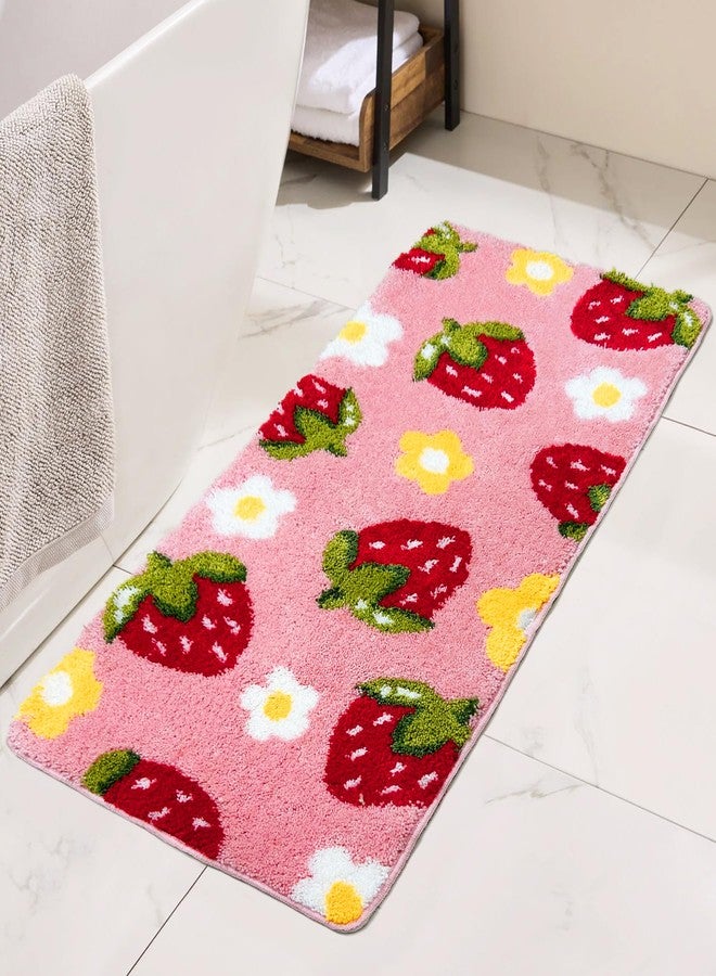 Homantic Bathroom Runner Rug, Cute Bedroom Decor, Pink Strawberry Bath Mat, Flower Long Absorbent Microfiber Runner for Bathtub 20"x47" - Image 1